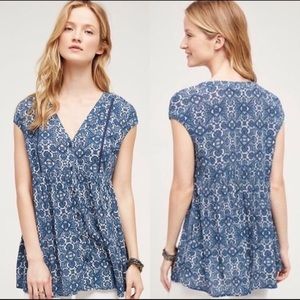 ANTHROPOLOGIE Vanessa Virginia Ladder Lace Blue Peasant Top Size Small